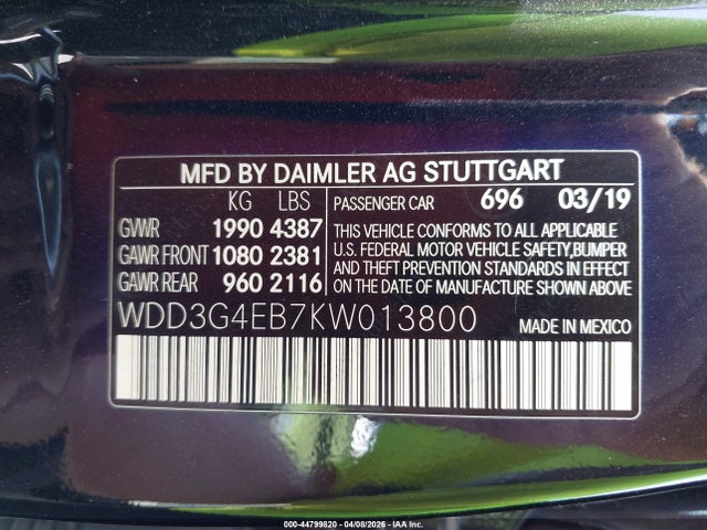 44799820 :رقم المزاد ، WDD3G4EB7KW013800 vin ، 2019 Mercedes-benz A 220 مزاد بيع
