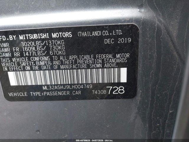 Продаж на аукціоні авто 2020 Mitsubishi Mirage Gt/le, vin: ML32A5HJ9LH004749, номер лоту: 44799828