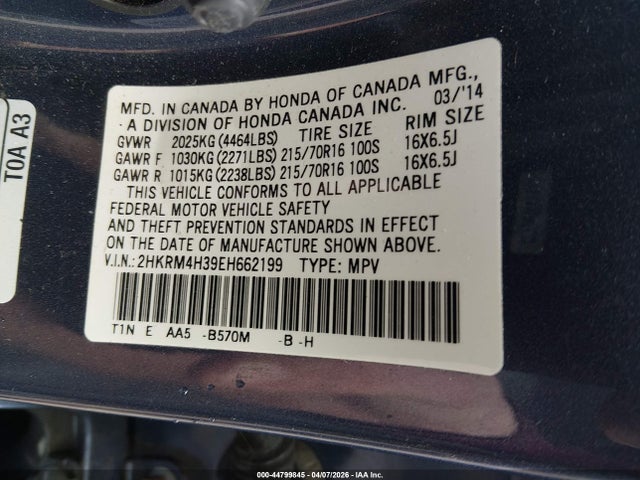 2HKRM4H39EH662199 Honda CR-V LX
