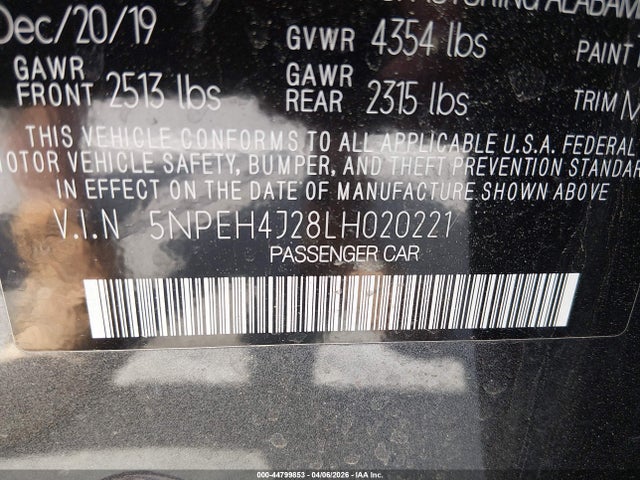 Aukcja sprzedaży 2020 Hyundai Sonata Limited, vin: 5NPEH4J28LH020221, numer aukcji: 44799853