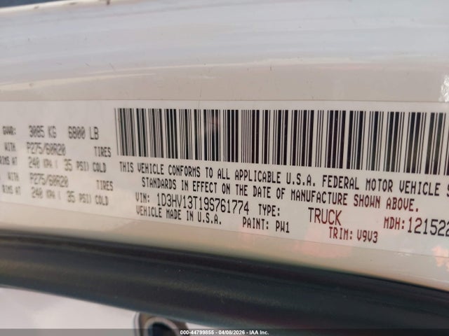 44799855 :رقم المزاد ، 1D3HV13T19S761774 vin ، 2009 Dodge Ram 1500 Slt/sport/trx مزاد بيع