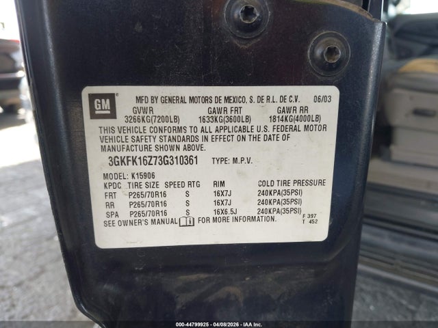44799925 :رقم المزاد ، 3GKFK16Z73G310361 vin ، 2003 Gmc Yukon Xl 1500 Slt مزاد بيع