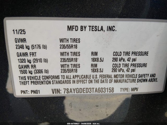 Aukcja sprzedaży 2026 Tesla Model Y Premium Rear-wheel Drive/standard Rear-wheel Drive, vin: 7SAYGDED3TA603158, numer aukcji: 44799927