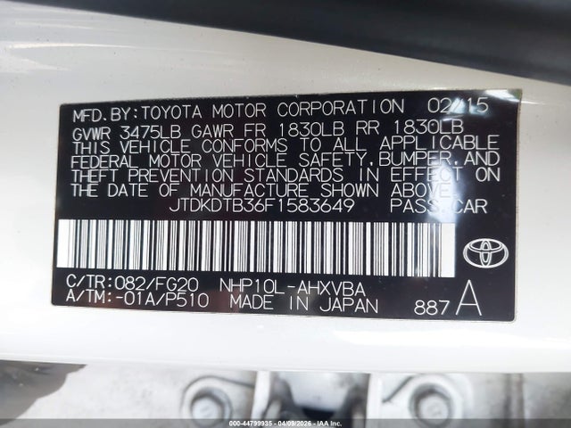 JTDKDTB36F1583649 Toyota Prius C Two
