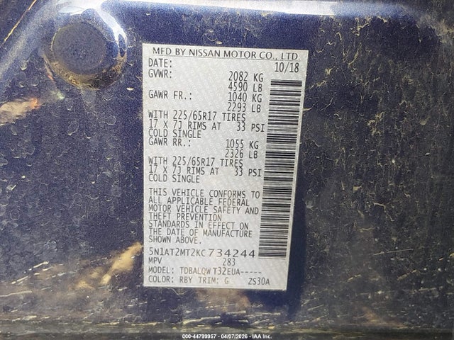 Продаж на аукціоні авто 2019 Nissan Rogue Sv, vin: 5N1AT2MT2KC734244, номер лоту: 44799957