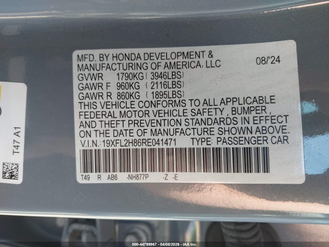 Aukcja sprzedaży 2024 Honda Civic Sport, vin: 19XFL2H86RE041471, numer aukcji: 44799967