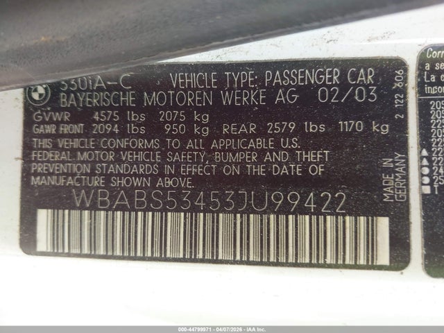 44799971 :رقم المزاد ، WBABS53453JU99422 vin ، 2003 Bmw 330ci مزاد بيع