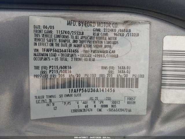 2006 Ford Taurus Sel მანქანა იყიდება აუქციონზე, vin: 1FAFP56U36A141456, აუქციონის ნომერი: 44799977
