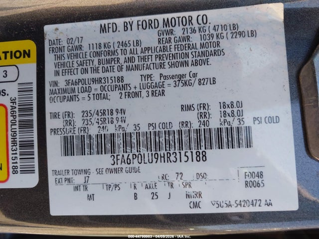 2017 Ford Fusion Hybrid Se მანქანა იყიდება აუქციონზე, vin: 3FA6P0LU9HR315188, აუქციონის ნომერი: 44799983