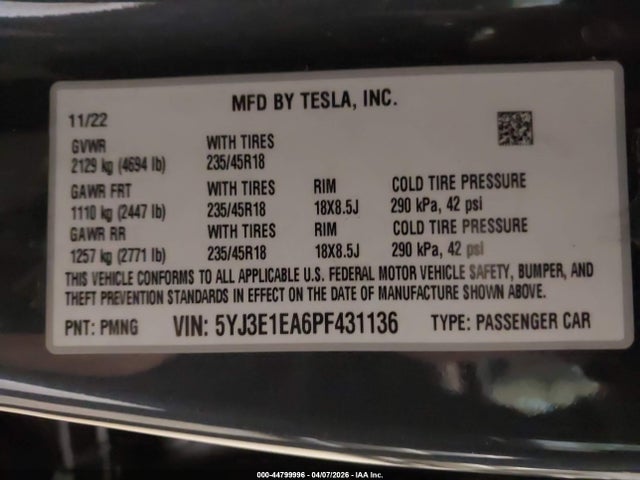 Продаж на аукціоні авто 2023 Tesla Model 3 Rear-wheel Drive, vin: 5YJ3E1EA6PF431136, номер лоту: 44799996
