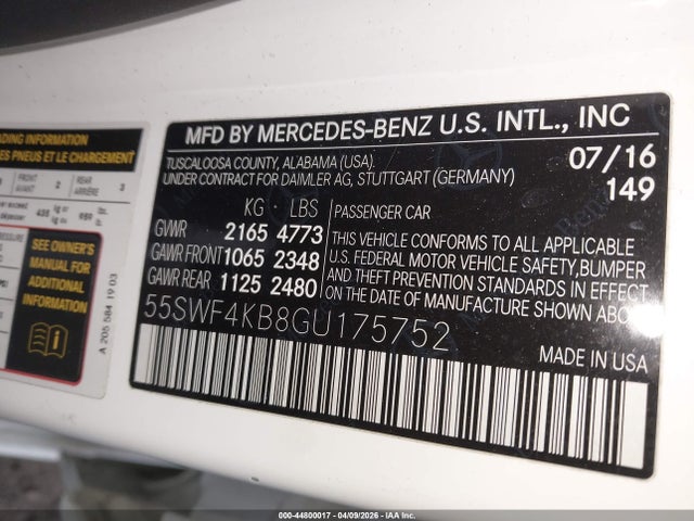 44800017 :رقم المزاد ، 55SWF4KB8GU175752 vin ، 2016 Mercedes-benz C 300 Sport 4matic مزاد بيع