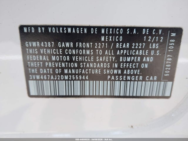 44800020 :رقم المزاد ، 3VW467AJ2DM255944 vin ، 2013 Volkswagen Jetta Gli Autobahn W/nav مزاد بيع