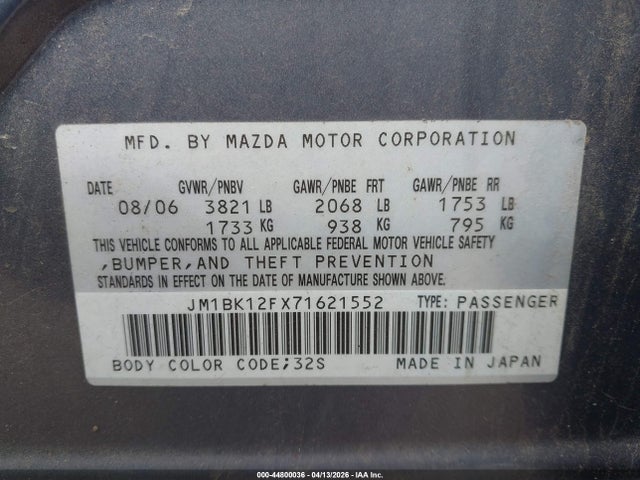 Aukcja sprzedaży 2007 Mazda Mazda3 I Touring, vin: JM1BK12FX71621552, numer aukcji: 44800036