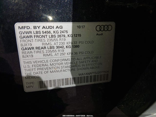 44800044 :رقم المزاد ، WA1ANAFY3J2077504 vin ، 2018 Audi Q5 2.0t Premium/2.0t Tech Premium مزاد بيع