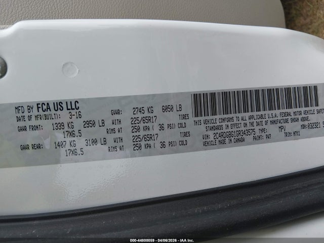 Aukcja sprzedaży 2016 Dodge Grand Caravan Se Plus, vin: 2C4RDGBG1GR343575, numer aukcji: 44800059