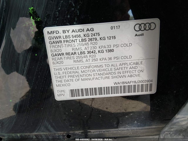 Aukcja sprzedaży 2018 Audi Q5 2.0t Premium/2.0t Tech Premium, vin: WA1BNAFY8J2002804, numer aukcji: 44800062