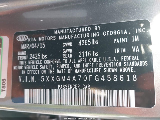 5XXGM4A70FG458618 KIA Optima Lx