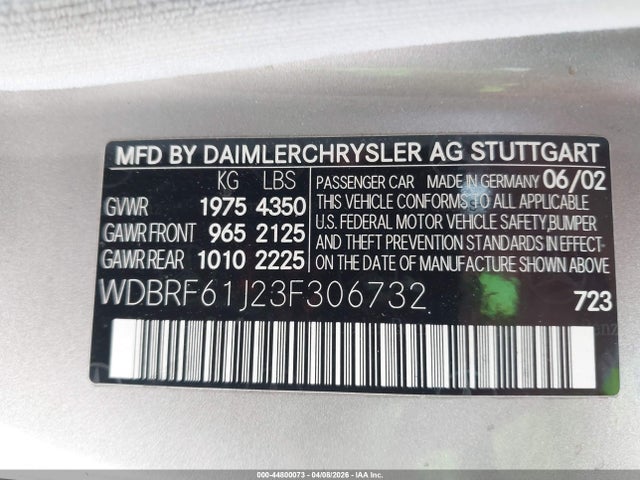 2003 Mercedes-benz C 240 მანქანა იყიდება აუქციონზე, vin: WDBRF61J23F306732, აუქციონის ნომერი: 44800073