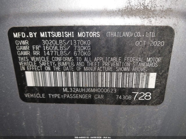 44800118 :رقم المزاد ، ML32AUHJ6MH000623 vin ، 2021 Mitsubishi Mirage Carbonite Edition/es/le مزاد بيع