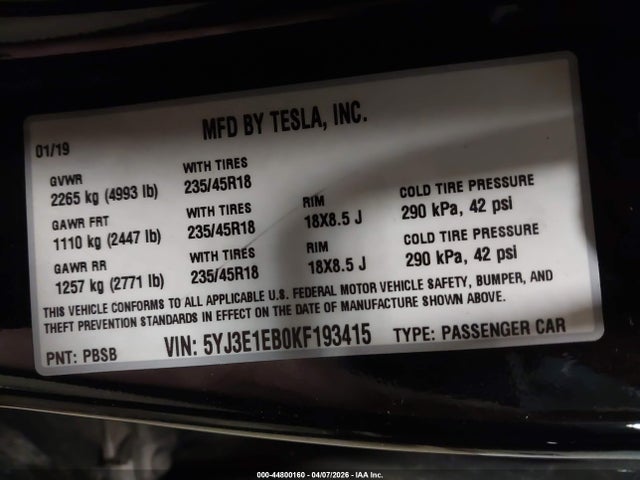 Aukcja sprzedaży 2019 Tesla Model 3 Long Range/performance, vin: 5YJ3E1EB0KF193415, numer aukcji: 44800160
