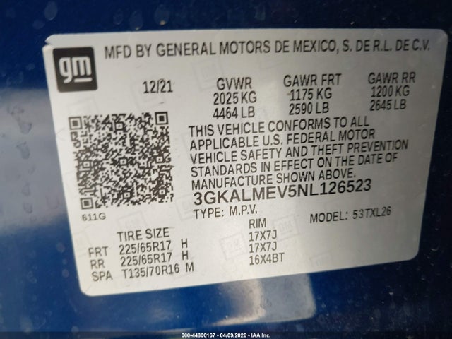 44800167 :رقم المزاد ، 3GKALMEV5NL126523 vin ، 2022 Gmc Terrain Fwd Sle مزاد بيع