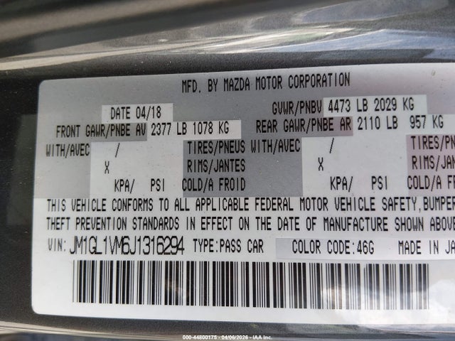 2018 Mazda Mazda6 Touring მანქანა იყიდება აუქციონზე, vin: JM1GL1VM6J1316294, აუქციონის ნომერი: 44800175