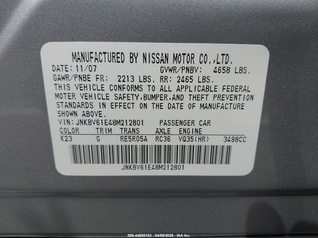 Продажа на аукционе авто 2008 Infiniti G35 Journey, vin: JNKBV61E48M212801, номер лота: 44800183