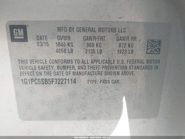 1G1PC5SB5F7227114 Chevrolet Cruze 1lt Auto