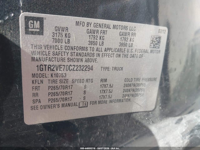 44800216 :رقم المزاد ، 1GTR2VE70CZ232294 vin ، 2012 Gmc Sierra 1500 Sle مزاد بيع