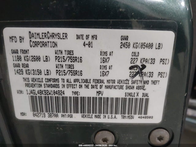 Aukcja sprzedaży 2002 Jeep Liberty Sport, vin: 1J4GL48K92W104824, numer aukcji: 44800222