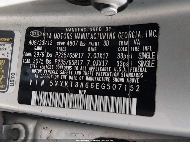 44800242 :رقم المزاد ، 5XYKT3A66EG507152 vin ، 2014 Kia Sorento Lx مزاد بيع