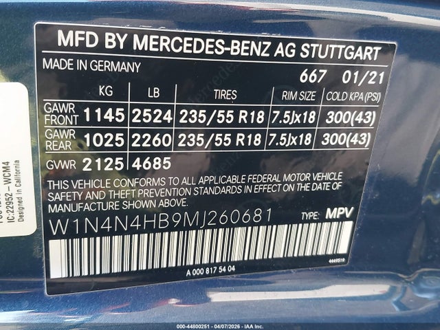 44800251 :رقم المزاد ، W1N4N4HB9MJ260681 vin ، 2021 Mercedes-benz Gla 250 4matic مزاد بيع