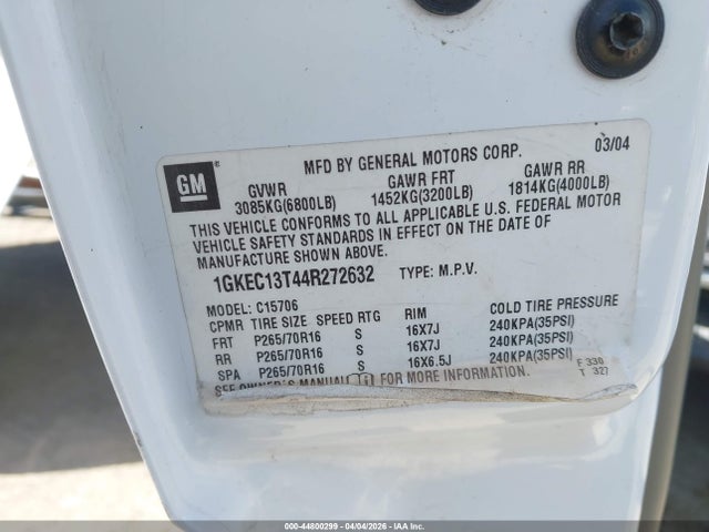 Aukcja sprzedaży 2004 Gmc Yukon Slt, vin: 1GKEC13T44R272632, numer aukcji: 44800299