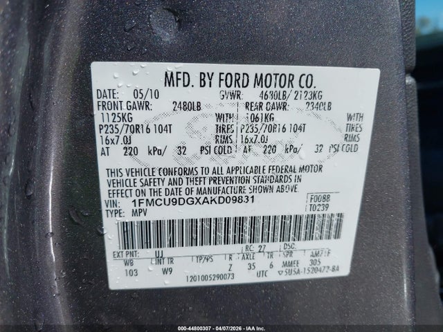 Продаж на аукціоні авто 2010 Ford Escape Xlt, vin: 1FMCU9DGXAKD09831, номер лоту: 44800307