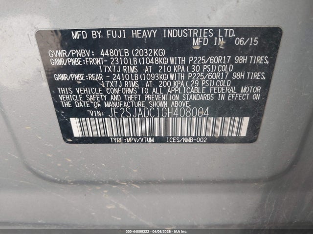 2016 Subaru Forester 2.5i Premium მანქანა იყიდება აუქციონზე, vin: JF2SJADC1GH408004, აუქციონის ნომერი: 44800322