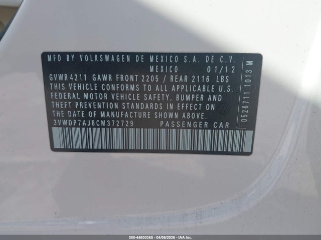Aukcja sprzedaży 2012 Volkswagen Jetta 2.5l Se, vin: 3VWDP7AJ8CM372729, numer aukcji: 44800365