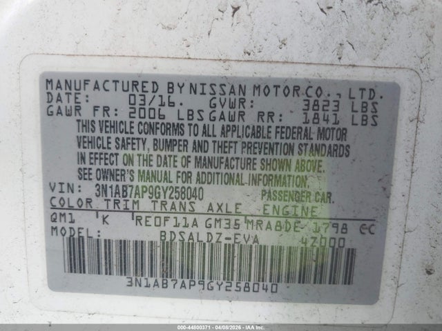 Aukcja sprzedaży 2016 Nissan Sentra Sv, vin: 3N1AB7AP9GY258040, numer aukcji: 44800371
