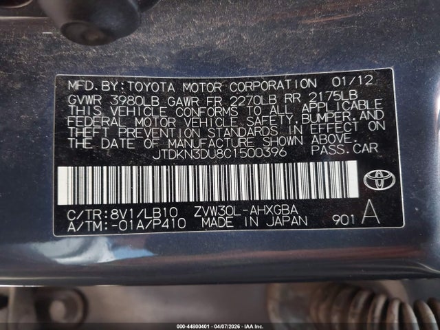 Aukcja sprzedaży 2012 Toyota Prius Five/four/one/three/two, vin: JTDKN3DU8C1500396, numer aukcji: 44800401