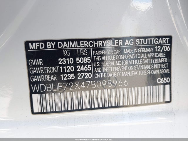 Aukcja sprzedaży 2007 Mercedes-benz E 550, vin: WDBUF72X47B098966, numer aukcji: 44800414