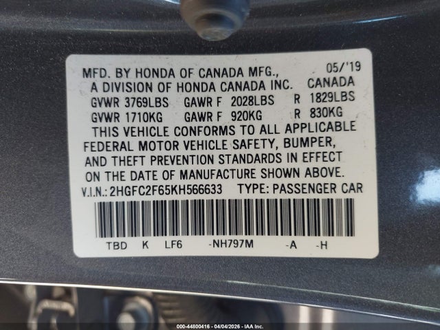 2019 HONDA CIVIC 2HGFC2F65KH566633 Photo 8