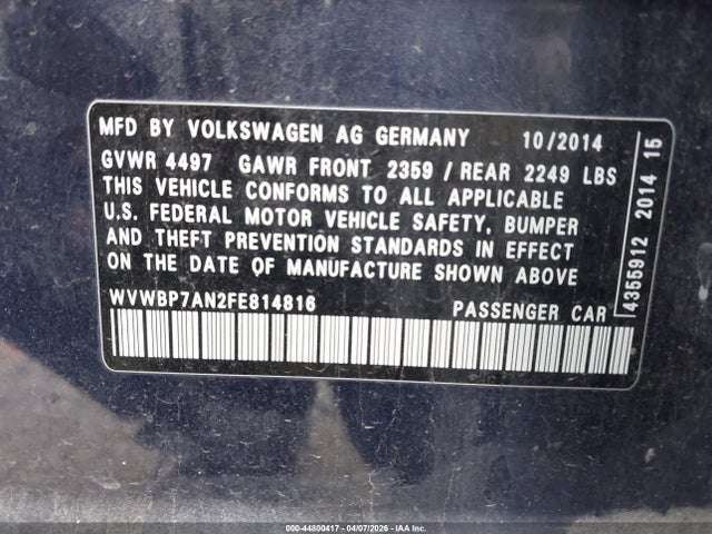 2015 VOLKSWAGEN CC WVWBP7AN2FE814816 Photo 8