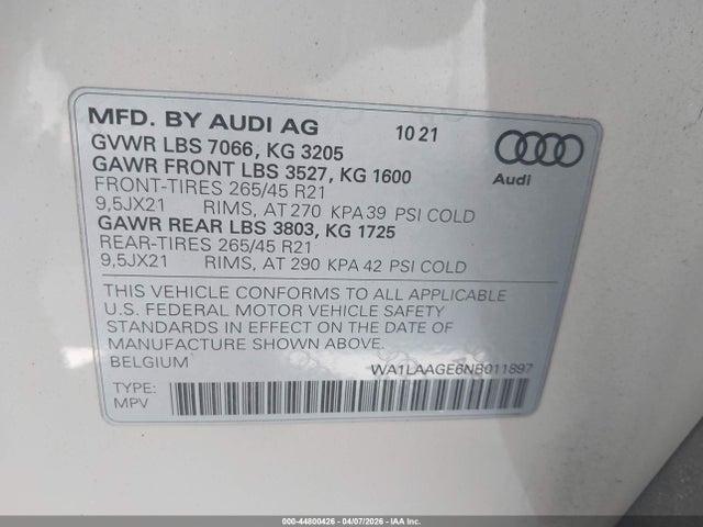 Продажа на аукционе авто 2022 Audi E-tron Premium Plus Quattro, vin: WA1LAAGE6NB011897, номер лота: 44800426