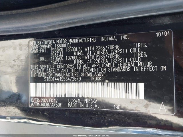 Aukcja sprzedaży 2005 Toyota Tundra Sr5 V8, vin: 5TBDT44195S472679, numer aukcji: 44800432
