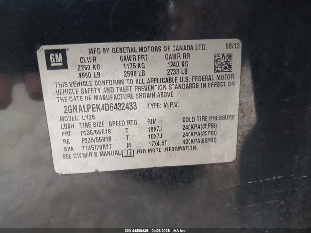 2013 Chevrolet Equinox 2lt მანქანა იყიდება აუქციონზე, vin: 2GNALPEK4D6432433, აუქციონის ნომერი: 44800436