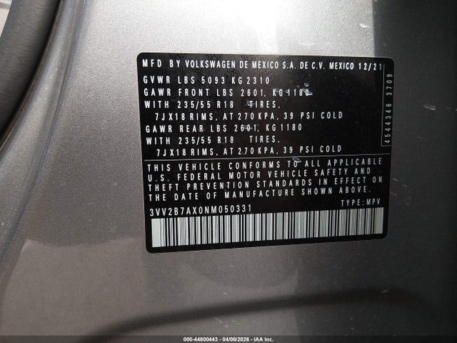 44800443 :رقم المزاد ، 3VV2B7AX0NM050331 vin ، 2022 Volkswagen Tiguan 2.0t Se مزاد بيع