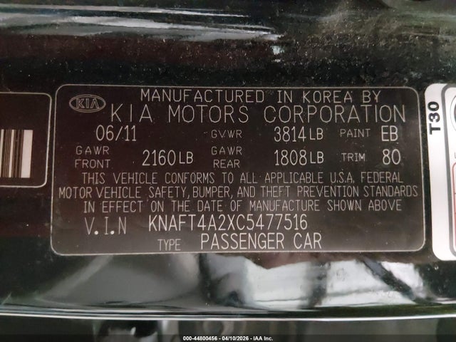 Продажа на аукционе авто 2012 Kia Forte Lx, vin: KNAFT4A2XC5477516, номер лота: 44800456