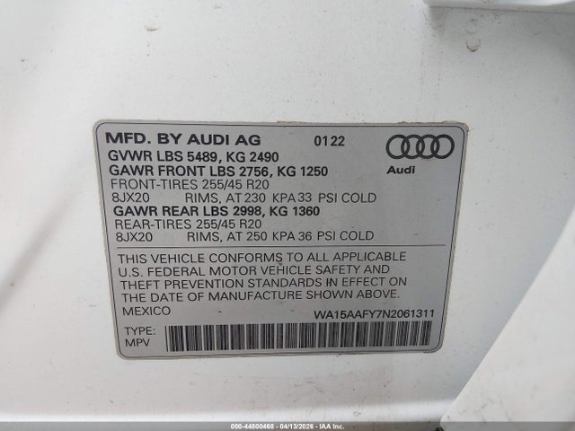 2022 Audi Q5 Sportback Premium Plus 45 Tfsi S Line Quattro S Tronic მანქანა იყიდება აუქციონზე, vin: WA15AAFY7N2061311, აუქციონის ნომერი: 44800468