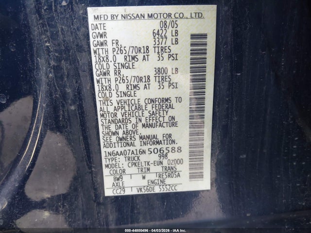 Aukcja sprzedaży 2006 Nissan Titan Se, vin: 1N6AA07A16N506588, numer aukcji: 44800496
