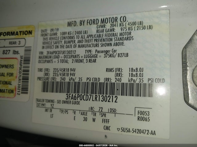 2020 Ford Fusion Sel მანქანა იყიდება აუქციონზე, vin: 3FA6P0CD7LR130212, აუქციონის ნომერი: 44800502