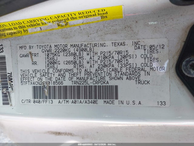 2012 Toyota Tacoma მანქანა იყიდება აუქციონზე, vin: 5TFTX4CN2CX018566, აუქციონის ნომერი: 44800503